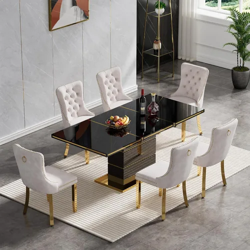 Miniatura 13 de Juego de 5 mesas de comedor negras brillantes para 4, mesa de cocina moderna de madera de alto brillo con 4 sillas de terciopelo beige, mesas