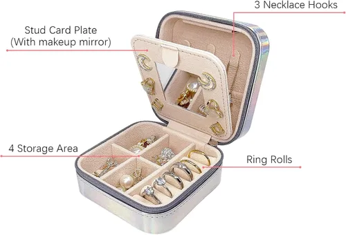 Miniatura 3 de Small Jewelry Box with mirror, Portable Mini Travel Jewelry Case Storage Organizer, PU Leather Double Layer Jewellery Organizer for Women and Girls