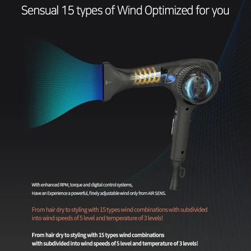 Miniatura 5 de Secador de Pelo JMW KOREA Profesional de Salón AIR Sense I 15 Vientos-3 Calores X 5 Velocidades Mix, 2 Boquillas & Soporte para Secador, Motor BLDC