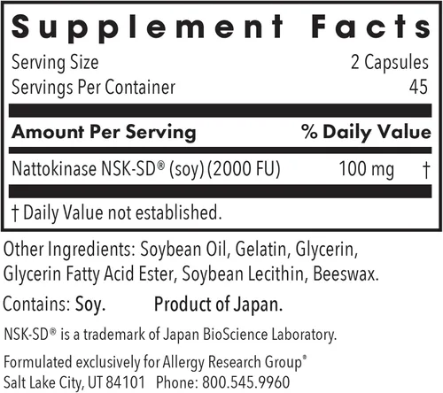 Miniatura 3 de Allergy Research Group Nattokinase NSK-SD 50 mg - Apoya la circulación saludable - de soja fermentada - 90 cápsulas