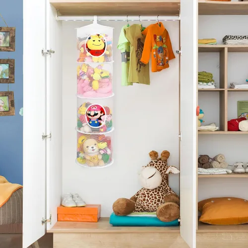 Miniatura 2 de Hamaca de red de juguetes para red de animales de peluche, organizador plegable de almacenamiento de juguetes, 4 compartimentos, red para animales