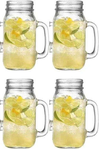 Tazas de vidrio Mason con asa y tapas de lata (juego de 4) Idea de regalo con logotipo de fecha establecida en relieve, para café, jugo, ponche,