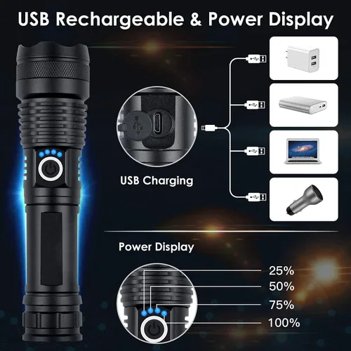 Miniatura 7 de BERCOL Linternas recargables de alto lúmenes, 90000 lúmenes, luz LED súper brillante, 5 modos, luz de flash de mano impermeable IPX5 para el hogar