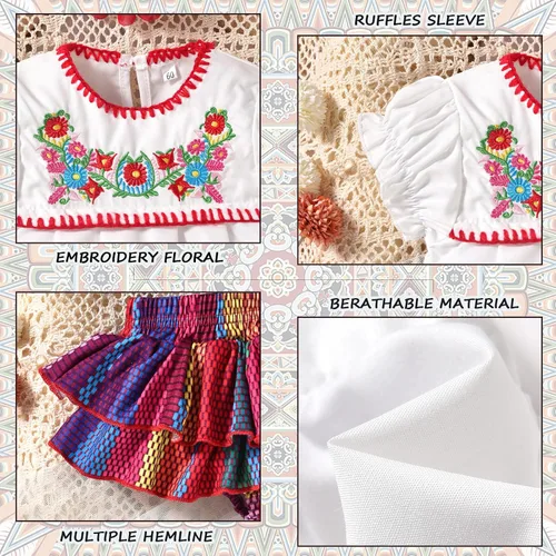 Miniatura 4 de HINTINA Conjunto de ropa de fiesta de Cinco de Mayo para bebé niña mexicana bordados florales