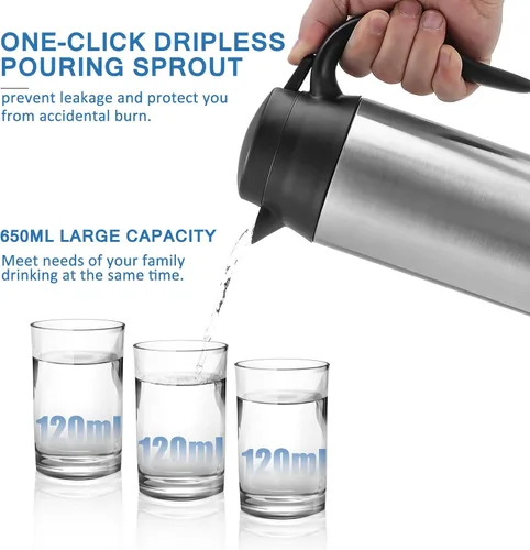 Miniatura 5 de Caldera de 12 V para automóvil – Hervidor de agua de viaje de 22.0 fl oz, calentador de agua de acero inoxidable para auto, calentador de taza