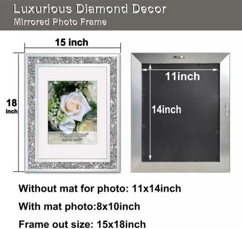 Miniatura 7 de Marco de fotos de espejo de boda de diamante triturado, marco de fotos de cristal plateado para fotografía de tamaño 11 x 14 pulgadas con paspartú
