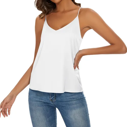Miniatura 6 de Miqieer Camiseta básica de seda para mujer, con cuello en V, holgada, sin mangas, de satén, para mujer