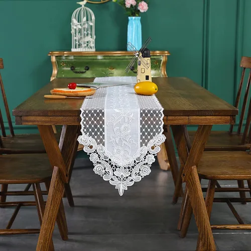 Miniatura 3 de Hsvanyr Camino de mesa de encaje blanco bordado, bufanda clásica rectangular de macramé, decoración de comedor, tocador, 12 x 27 pulgadas
