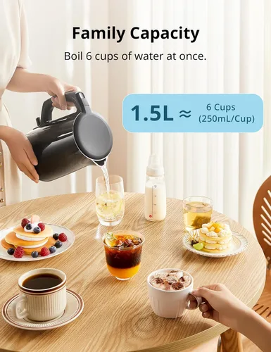 Miniatura 7 de Hervidor eléctrico y tetera de COMFEE', 1.5L de doble pared, interior de acero inoxidable, tapa y pico, hervido rápido, apagado automático y Negro