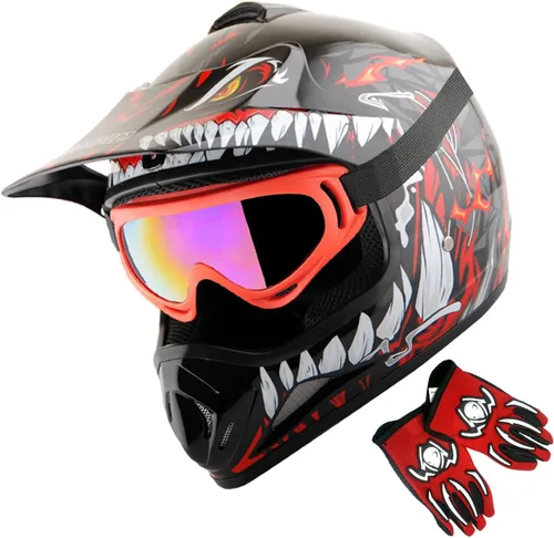 Miniatura 13 de WOW Casco de motocross BMX MX ATV para niños y jóvenes, casco Dianosour Dragon + gafas + guante marciano juvenil: paquete HJOY MG