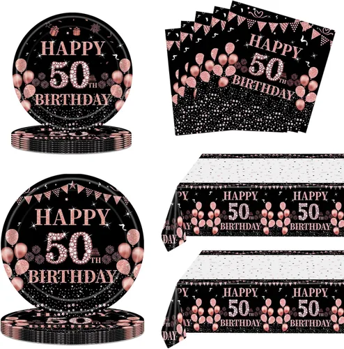 Ryzovo 62 platos y servilletas de papel desechables de 50 cumpleaños, color negro y oro rosa, suministros de fiesta para 20 invitados, incluye 50