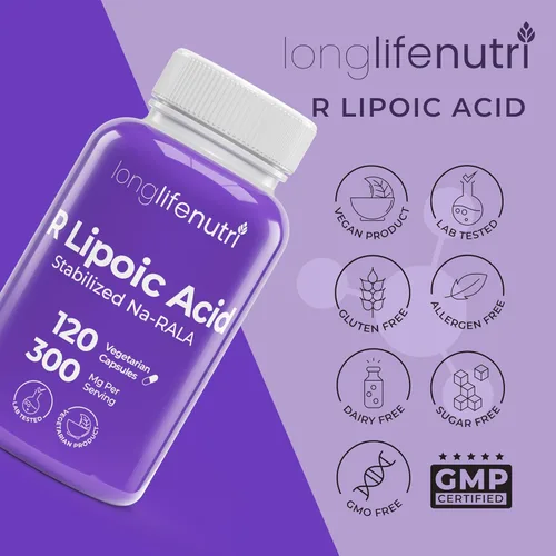Miniatura 7 de LongLifeNutri Ácido R-alfa lipoico estabilizado de 300 mg – Suplemento Na-RALA de alta potencia para energía celular y función metabólica, 120