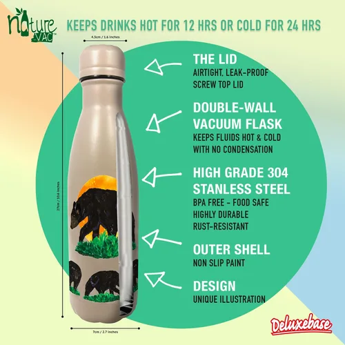 Miniatura 3 de NatureVac - Black Bear de Deluxebase. Botella de agua de acero inoxidable con aislamiento térmico de 17 onzas. Frasco de vacío reutilizable y a