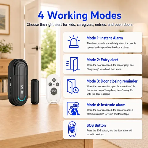 Miniatura 3 de Alarmas para puerta de piscina para seguridad del hogar, volumen de 0 a 120 dB ajustable con 4 modos, alarma de puerta inalámbrica con control