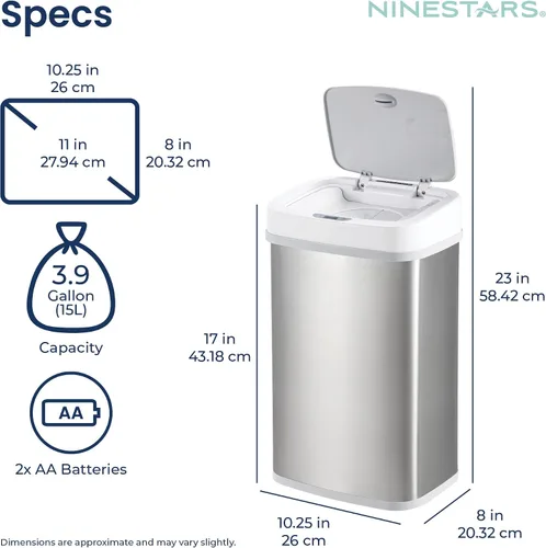 Miniatura 6 de Ninestars NPT-15-1WH Bote de basura automático con sensor de movimiento sin contacto con tapa, 4 galones/15 L, blanco, plástico