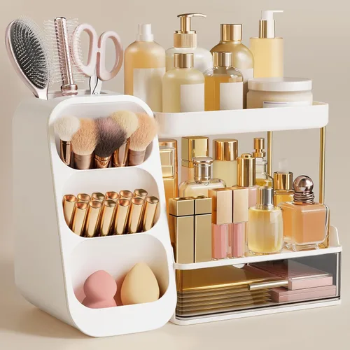 Miniatura 8 de HBlife Organizador de maquillaje con soporte para brochas para tocador, organizador grande de plástico para tocador de baño, almacenamiento