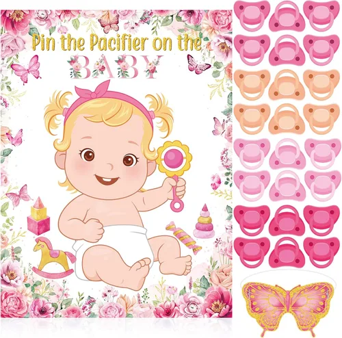 Miniatura 13 de Faccito Pin The Chupete - Juego de baby shower, decoración de fiesta de baby shower, incluye póster grande, 24 calcomanías para chupete, juego