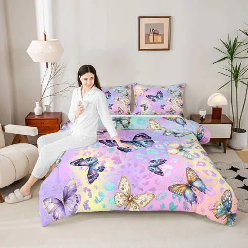 Miniatura 5 de Feelyou Juego de Edredón de Mariposas Coloridas Twin Patrón Impreso de Acuarela Arcoíris Ropa de Cama Acolchada para Dormitorio de Niñas Tie Dye