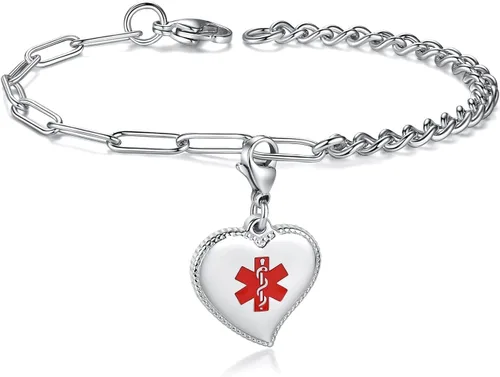 Miniatura 8 de mnmoom Elegant Medical Alert Bracelets for Women with heart medical id charm has Custom Engraved