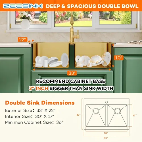 Miniatura 6 de Fregadero de Cocina Dorado 33" X 22", Fregaderos de Cocina de Doble Tazón, Montaje Superior/Empotrable Fregadero Doble de Acero Inoxidable Calibre 16