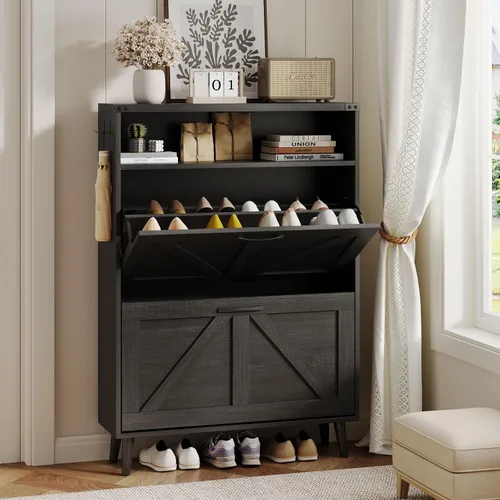 Miniatura 13 de Halitaa - Gabinete para zapatos con 2 cajones abatibles y almacenamiento abierto, gabinete de almacenamiento de zapatos estilo granja para entrada