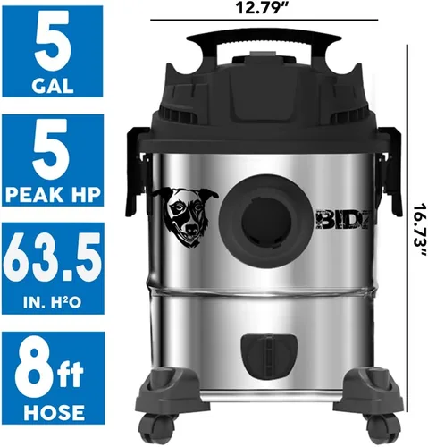 Miniatura 2 de BIDZ Potente motor de 5 galones de potencia de succión de elevación de agua de 63.5 pulgadas, sistema de vacío semicomercial de acero inoxidable