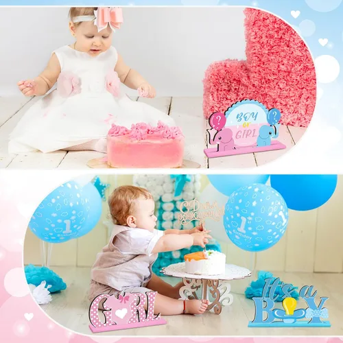 Miniatura 6 de Suzile 6 piezas centros de mesa de revelación de género para bebés, decoraciones de madera azul y rosa para fiesta de revelación de género