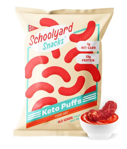 Schoolyard Keto (Fiery Hot) Protein Puffs - Bajo en carbohidratos, bajo en azúcar, 14g de proteína, sin gluten, aperitivo alto en proteínas,