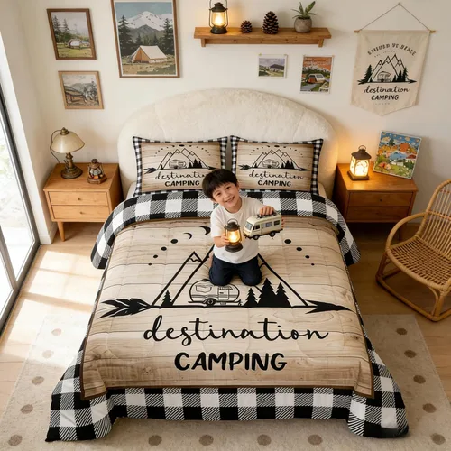 Miniatura 61 de Juego de Edredón para Acampar Feliz para Niños Tamaño Individual, Juego de Ropa de Cama Rústica de Aventura de Granja y Cabaña, Decoración