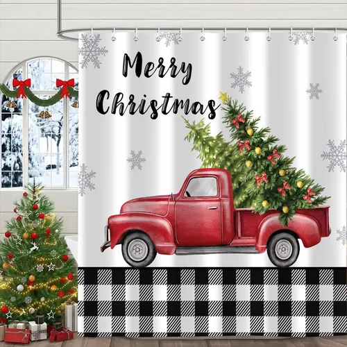 Miniatura 13 de Cortina de ducha de Feliz Navidad, trineo de Papá Noel, reno, copo de nieve, vacaciones, cuadros rojos y verdes, juego de cortinas de ducha