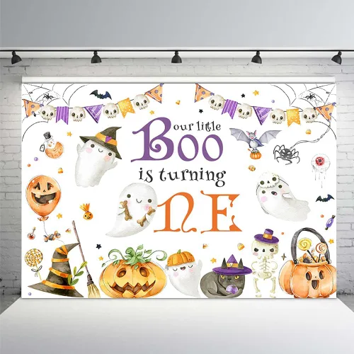 MEHOFOND Telón de fondo de Halloween para primer cumpleaños de 7 x 5 pies, feliz Booday para niños, primer cumpleaños, fondo blanco para fotografía,