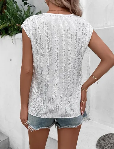 Miniatura 4 de ClearFlower Camisetas de lentejuelas para mujer, cuello redondo, sin mangas, brillante, sexy, camiseta corta sin mangas, ropa de club, camisola