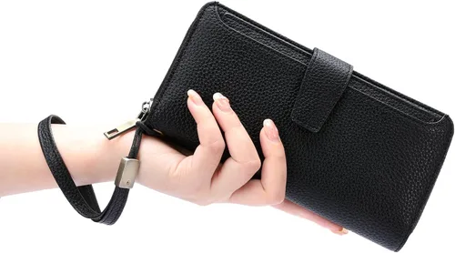 Miniatura 7 de GOIACII Cartera para mujer de gran capacidad con bloqueo RFID para mujer, tarjetero de embrague para teléfono, cartera larga de viaje, A03 negro