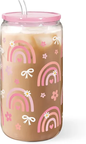 Miniatura 22 de SANDJEST Vaso de Vidrio con Margaritas en Patrón de Tablero de Ajedrez, Taza Floral a Cuadros con Tapa y Pajita, Tazas Estéticas de Café Helado