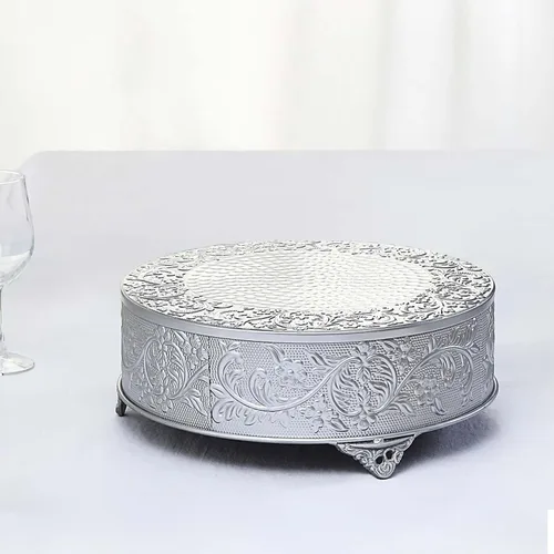 Efavormart Juego de 14 pulgadas de plata redonda con relieve en metal para pasteles, elevador para pasteles, pedestal para postres, plato de Plateado