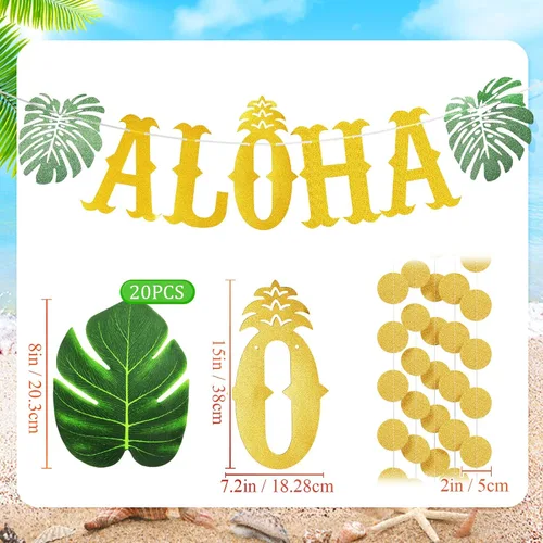 Miniatura 3 de 22 piezas de falda de mesa de hierba hawaiana Aloha decoración de fiesta que incluye pancarta de Aloha brillante hojas verdes tropicales y falda