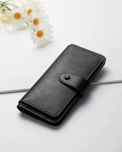 Miniatura 5 de Cartera de cuero con bloqueo RFID para mujeres, diseño delgado de triple pliegue con 14 ranuras para tarjetas y bolsillo con cremallera, Negro