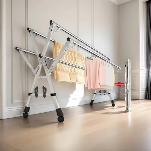 Miniatura 2 de Estante de secado de ropa ajustable de 5 bares, soporte plegable de acero inoxidable con ruedas bloqueables, extensible de 59 a 94.5 pulgadas