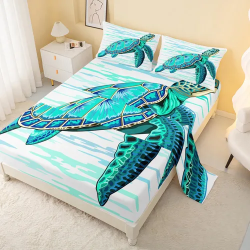Miniatura 10 de CVHOUSE Juego de sábanas bajeras de tortuga marina, tamaño individual, juego de ropa de cama de tortuga para niños y niñas, 1 sábana encimera y 1 A4