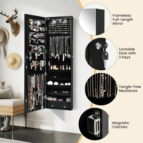 Miniatura 6 de Giantex Armario de joyería para puerta de pared con espejo de longitud completa, 2 LED con cerradura grande organizador de joyas con espejo ancho