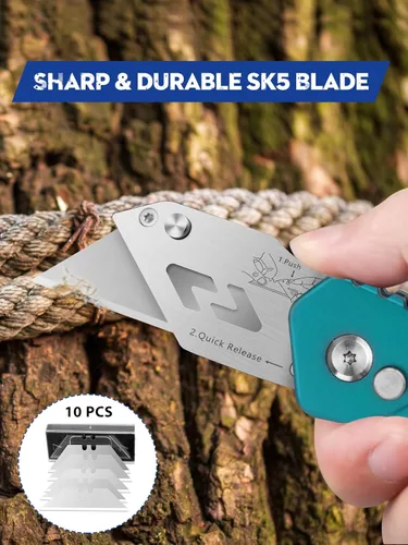 Miniatura 3 de BIBURY Cuchillo utilitario, cortador de caja plegable resistente, cuchillo cortador de alfombra de bolsillo con 10 cuchillas adicionales de acero