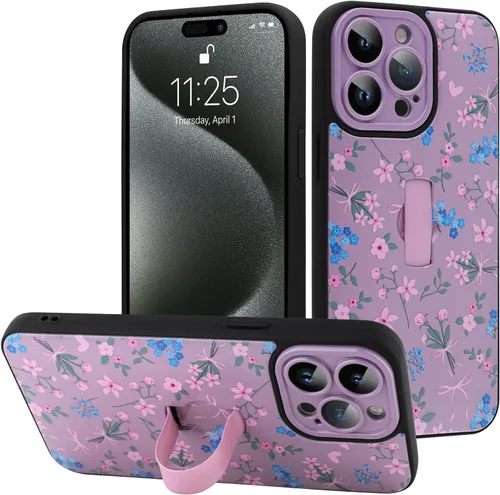 Miniatura 67 de Funda diseñada para iPhone 17 Pro Max con soporte plegable y correa para dedos, bonito patrón de lazo de corazón de flor rosa para mujeres y niñas