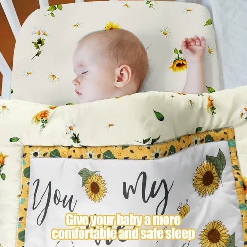 Miniatura 4 de Mixweer Juego de ropa de cama para cuna de bebé, 3 piezas, diseño de abeja de girasol, sábanas amarillas para cuna con texto en inglés "You Are My