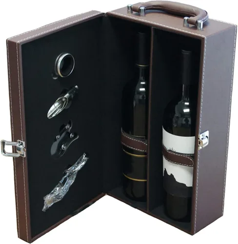 Lifestyle - Estuche portador de vino de dos botellas con asa superior y juego de accesorios de vino de 4 piezas (marrón)