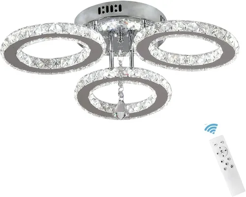Miniatura 11 de Deckrico Moderno candelabro de cristal de montaje empotrado, lámpara de techo colgante de acero inoxidable de 3 anillos redondos para sala de estar