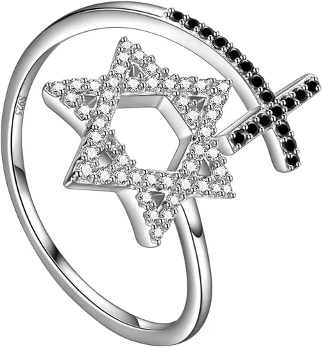 Miniatura 8 de Jewmon Anillo ajustable de estrella de David judía para mujer, plata de ley 925, circonita cúbica, estrella de David, anillo judío abierto, amuleto