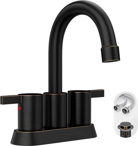 Miniatura 13 de Grifo de baño sin plomo de 4 pulgadas con 2 manijas de oro cepillado centrado, boquilla giratoria con drenaje emergente de cobre y 2 líneas