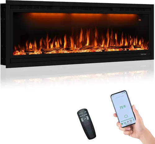 Valuxhome Chimenea eléctrica moderna empotrada de 50 pulgadas con control inteligente WiFi, 3 colores de luz superior y llama, temporizador y