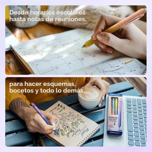 Miniatura 6 de WRITECH Bolígrafos de gel de punta fina: 1.0mm tinta negra retráctil 4 unidades escritura suave con barril de color degradado estético para diario