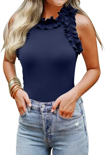 Miniatura 12 de WAYMAKER - Camiseta sin mangas para mujer, body de estilo sexy con espalda cruzada, cuello de tortuga simulado y ribeteado
